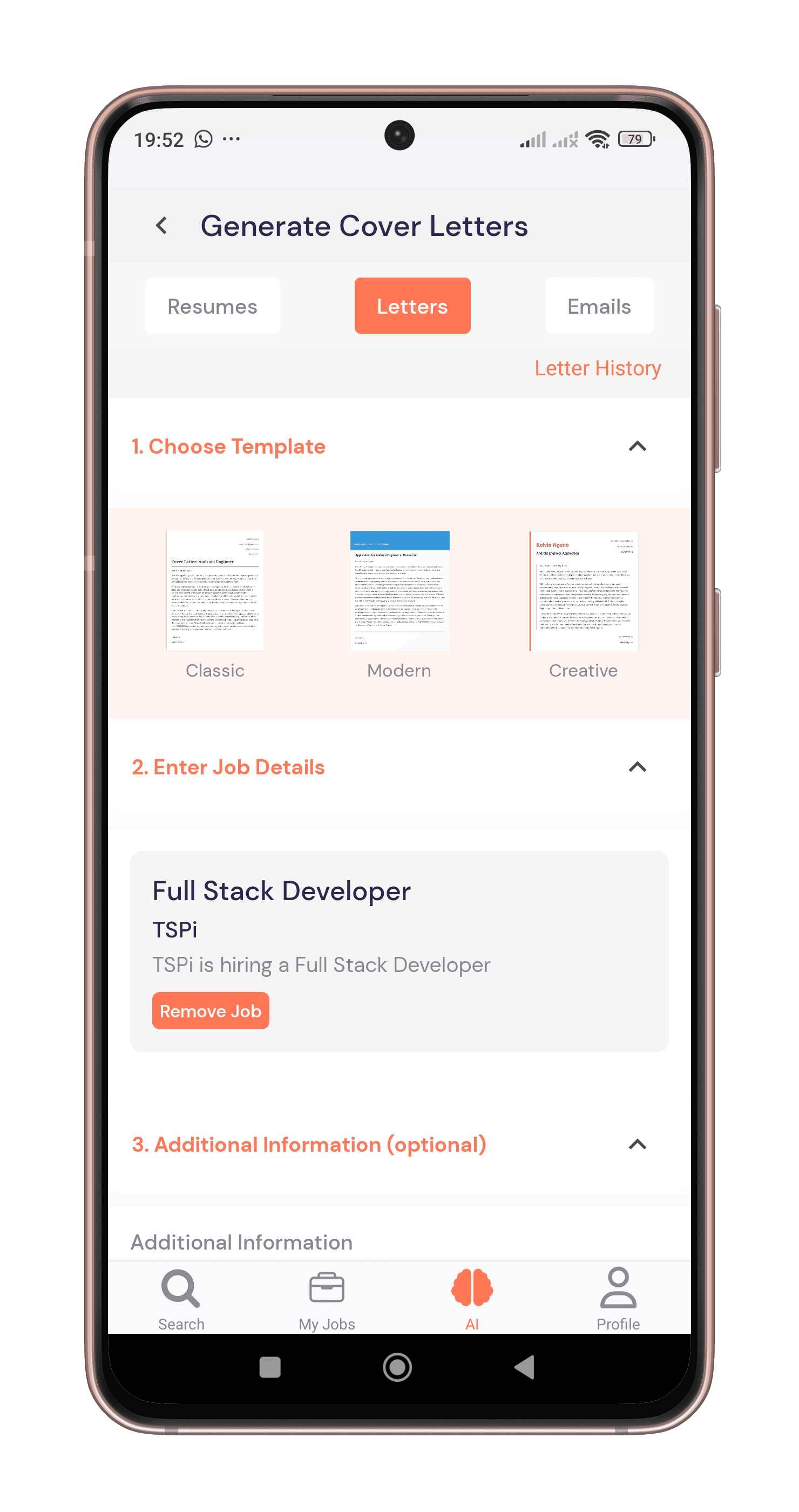 Talanta AI mobile app — AI cover letter generator